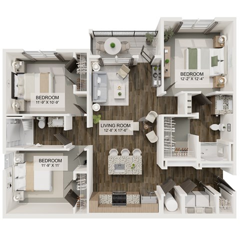 Floor plan for 3 beds, 2 baths, 1259 sqft